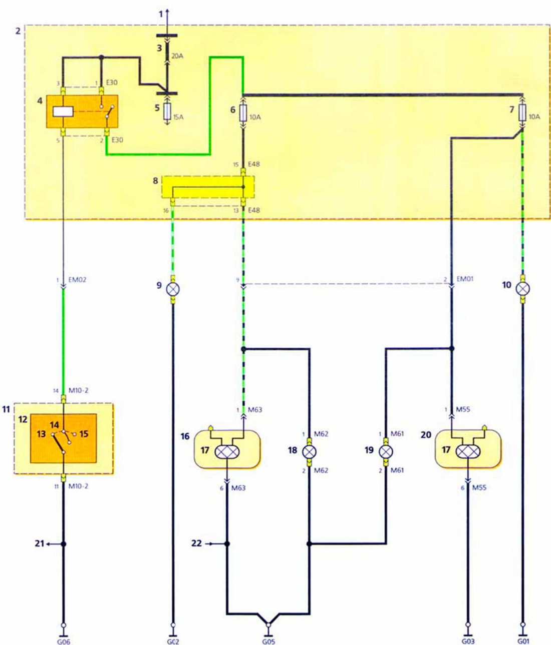 Схема включения габаритного света и фонарей освещения номеоного знака - Хендай Акцент Тагаз (Hyundai Accent)