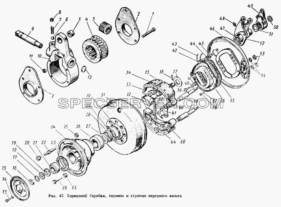 Тормозной барабан, тормоза и ступица переднего колеса для КАЗ 608 (список запасных частей)