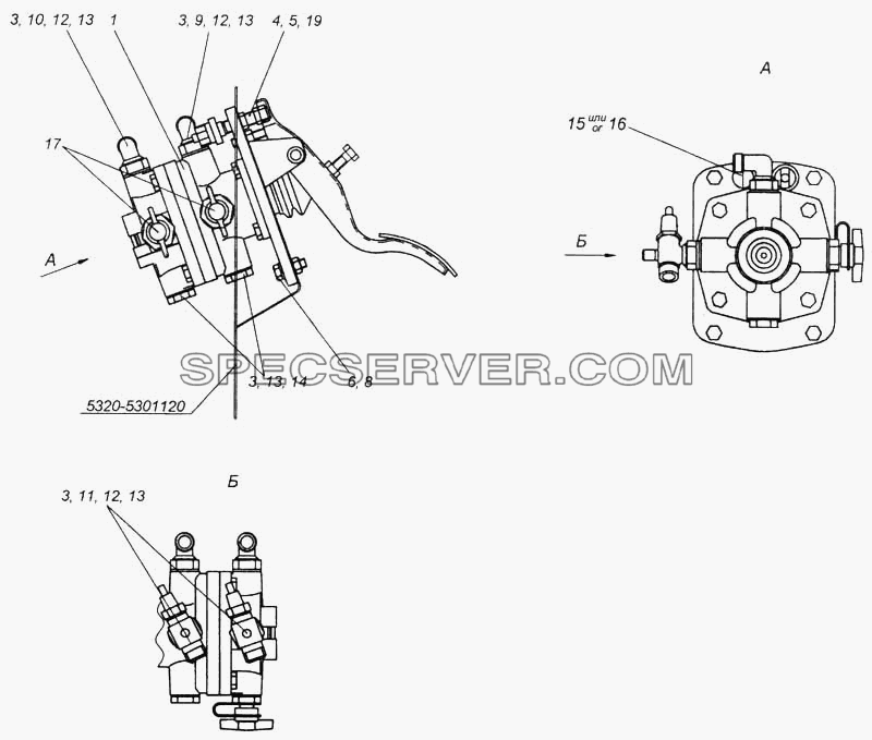Установка двухсекционного тормозного крана для КамАЗ-5360 (список запасных частей)