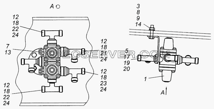 Установка четырёхконтурного защитного клапана для КамАЗ-6540 (список запасных частей)