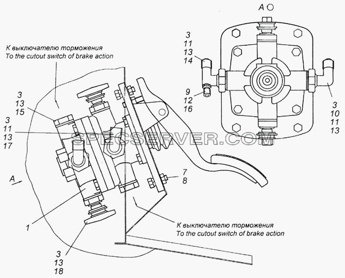 Установка двухсекционного тормозного крана для КамАЗ-6540 (список запасных частей)