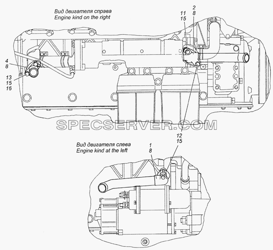 7406.1015002 Установка патрубка и штуцеров системы подогрева двигателя для КамАЗ-5350 (6х6) (список запасных частей)