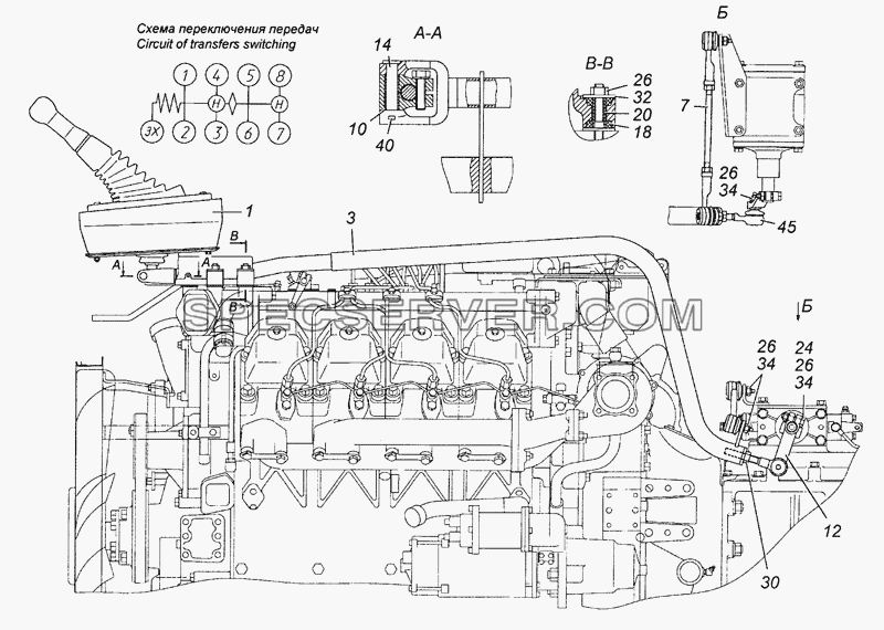 161.1703005 Привод управления механизмом переключения передач для КамАЗ-53504 (6х6) (список запасных частей)