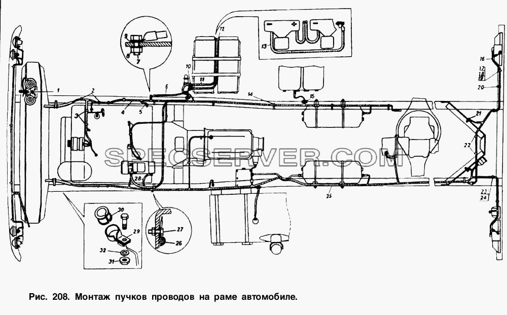 Монтаж пучков проводов на раме автомобиля для КамАЗ-53212 (список запасных частей)