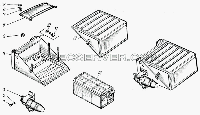 Установка батарей аккумуляторных и выключателя массы для КамАЗ-43101 (список запасных частей)