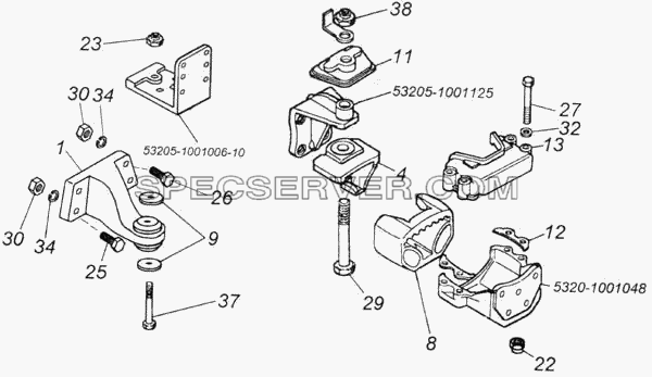 Установка силового агрегата для КамАЗ-4326 (списка 2003г) (список запасных частей)