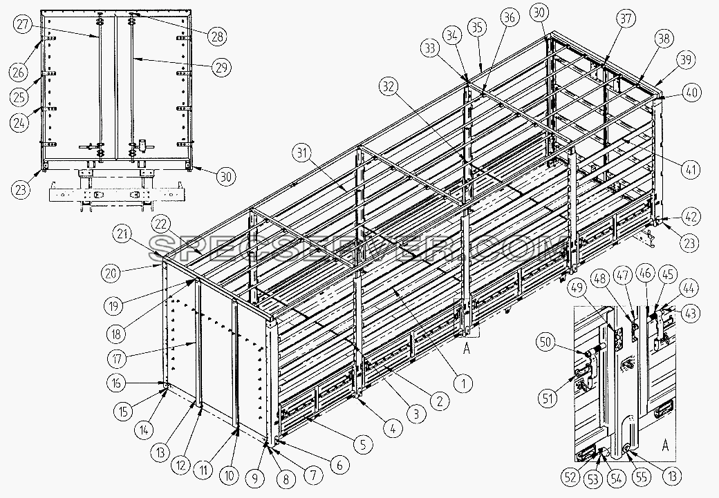 Платформа с каркасом тента, передней стенкой и задними дверьми для СЗАПА-9340 (список запасных частей)