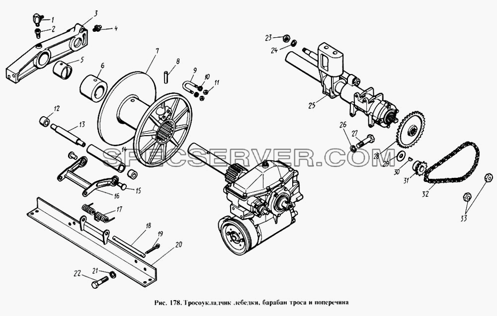Тросоукладчик лебедки, барабан троса и поперечина для КамАЗ-4310 (список запасных частей)