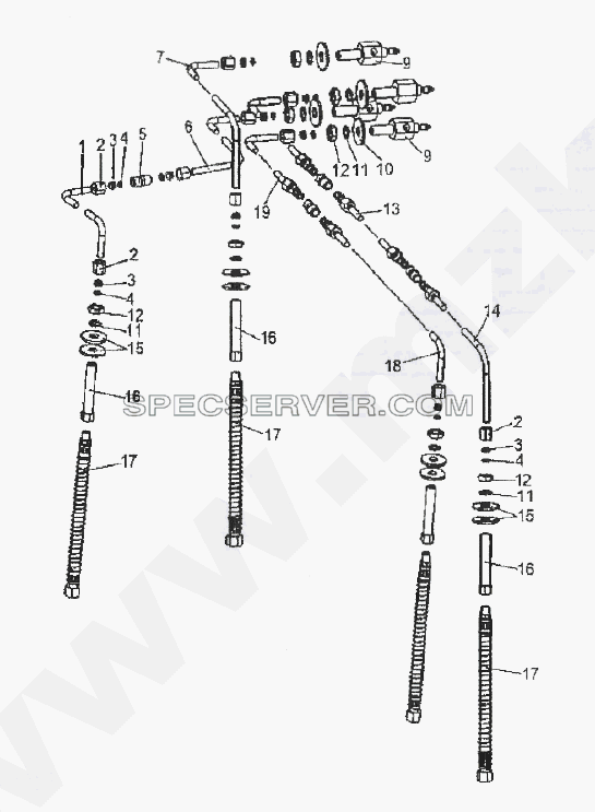Установка трубопроводов накачки шин правых колес для МЗКТ-93782 (список запасных частей)