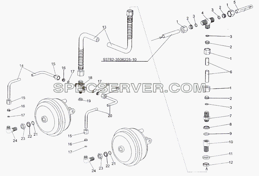 Присоединительная арматура к передним правым тормозным камерам для МЗКТ-93782 (список запасных частей)