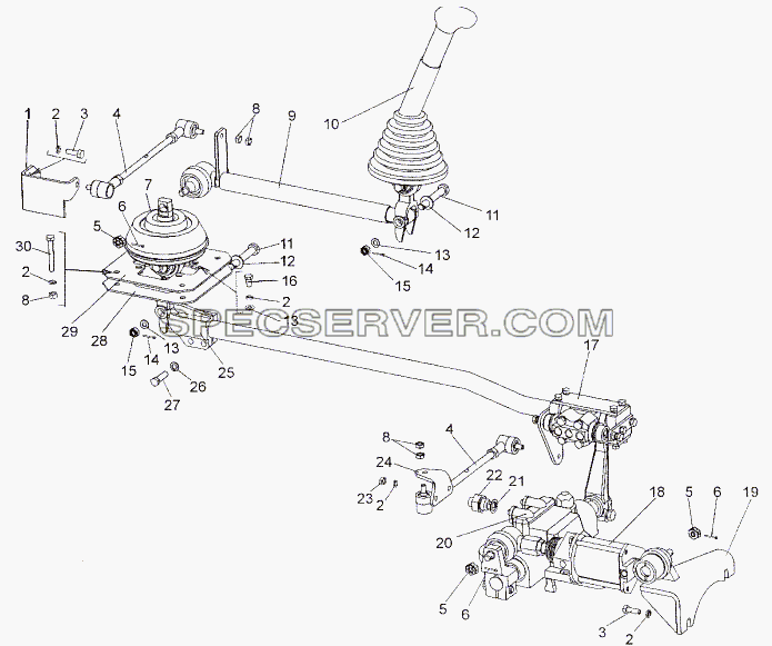 Привод управления механизмом переключения передач для МЗКТ-652511 (список запасных частей)