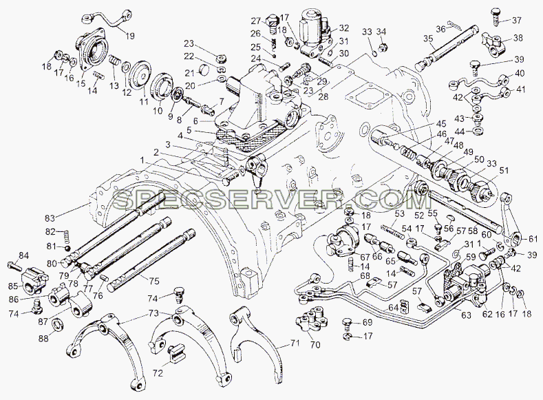 Механизм переключения передач и опора рычага для МЗКТ-652511 (список запасных частей)