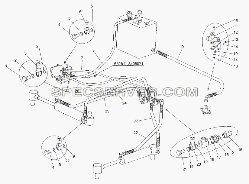 Трубопроводы и шланги рулевого механизма для МЗКТ-652511 (список запасных частей)
