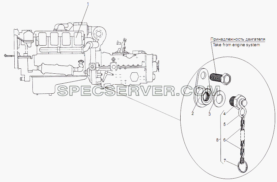 Двигатель в состоянии установки на шасси для МЗКТ-79091 (список запасных частей)