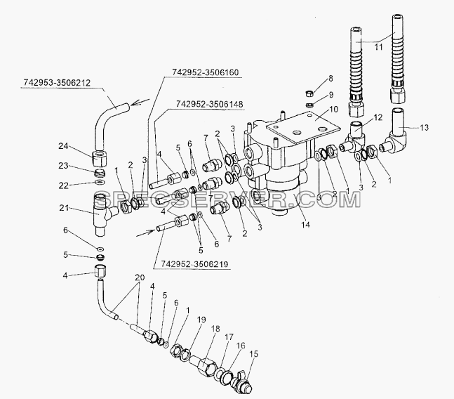 Установка клапана управления тормозами прицепа с двухпроводным приводом для МЗКТ-74296 (список запасных частей)