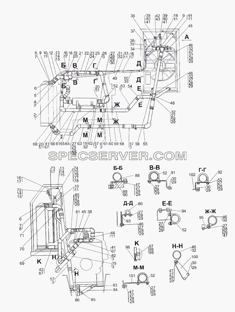 Установка трубопроводов системы охлаждения для МЗКТ-74296 (список запасных частей)