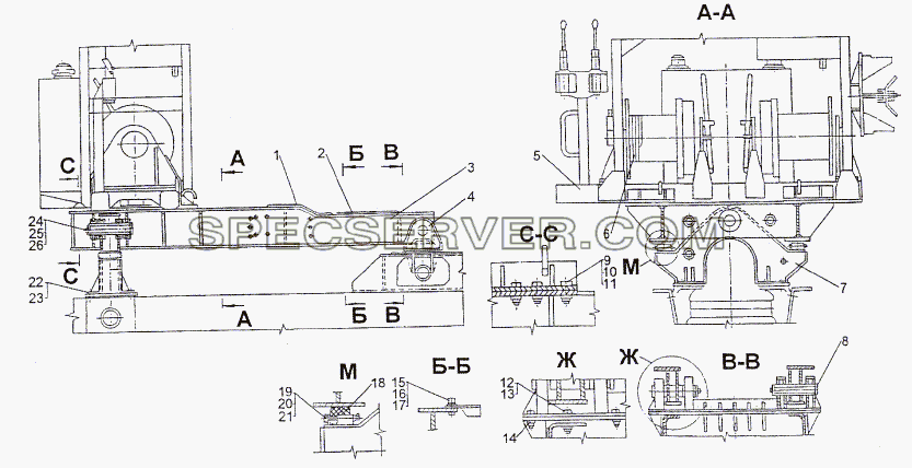 Установка подрамника и лебедки для МЗКТ-74296 (список запасных частей)