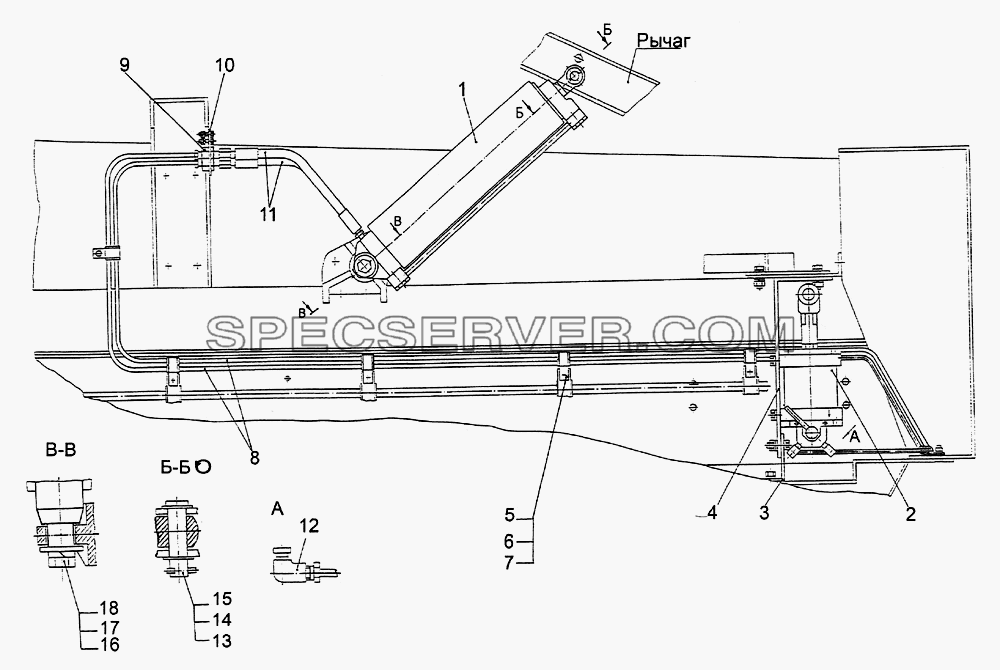 Механизм опрокидывания кабины, его цилиндр и насос. Трубопроводы для МЗКТ-79092 (список запасных частей)