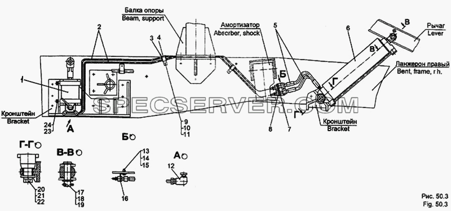 Механизм подъема кабины для МЗКТ-65158 (список запасных частей)