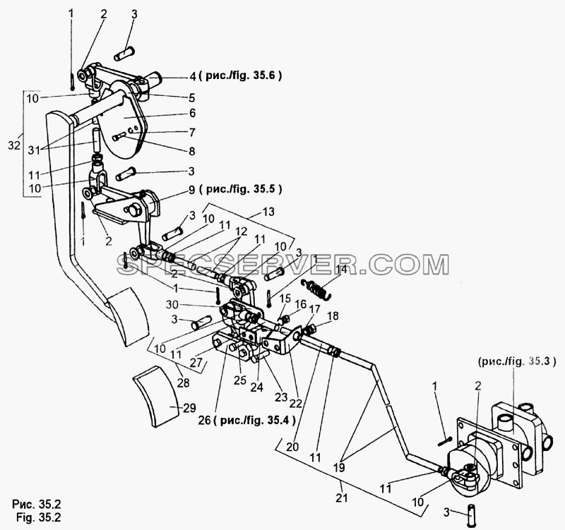 Привод тормозного крана для МЗКТ-65158 (список запасных частей)