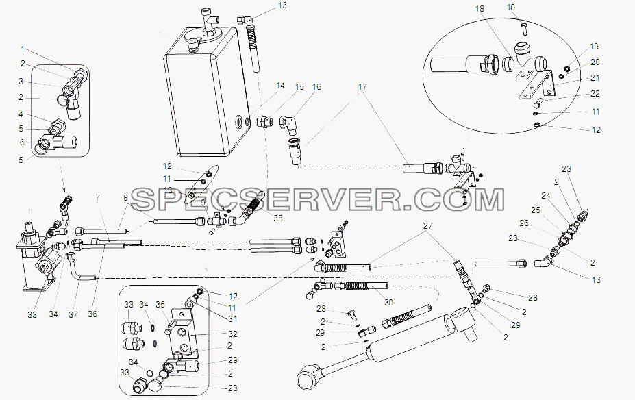 Установка трубопроводов рулевого механизма, бака и цилиндра для МЗКТ-65151 