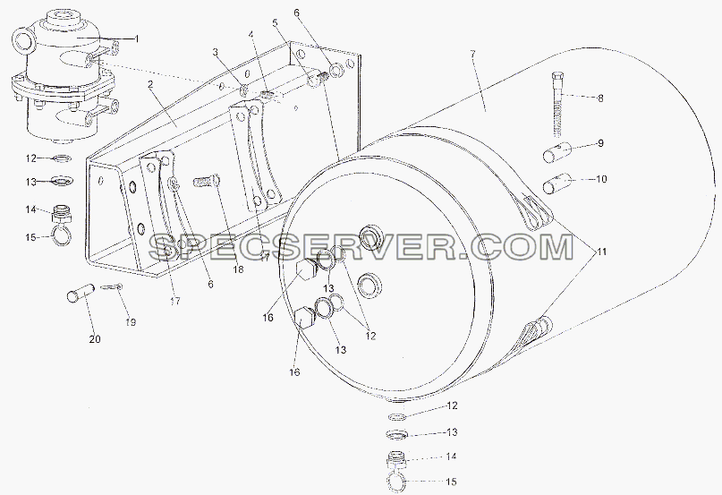 Установка ресивера заднего контура и влагомаслоотделителя для МЗКТ-7402 (список запасных частей)