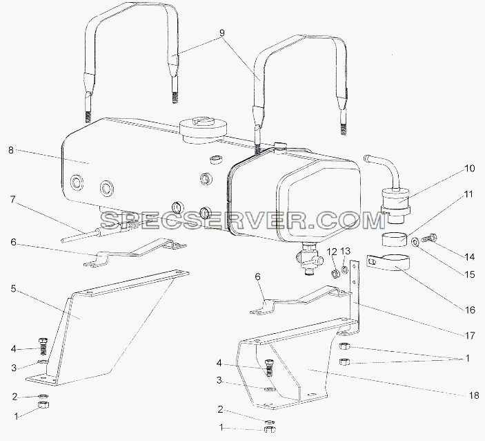 Установка бачка расширительного и редукционного клапана для МЗКТ-79011 (список запасных частей)