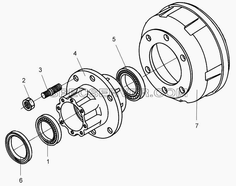 Ступица заднего колеса и тормозной барабан для EQ-1074 (список запасных частей)