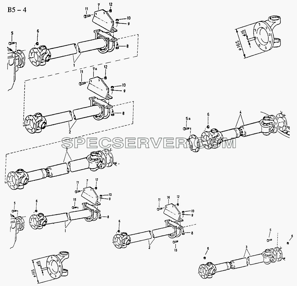 6x4, 8x4 PROPELLER SHAFTS FOR LONG WHEEL BASE 290, 336/K52/6x4 (Fuller gearbox) (B5-4-4) для Sinotruk 6x4 Tipper (336) (список запасных частей)