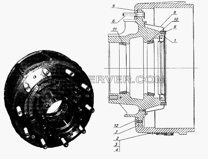 Ступица с тормозным барабаном для дискового колеса (для модификаций с двускатной ошиновкой) для НефАЗа-8332 (список запасных частей)