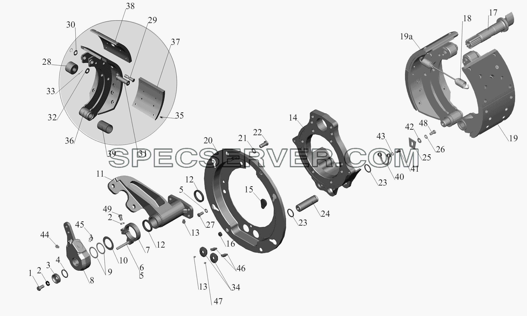 Тормозной механизм передних колес 152-3501004 (152-3501005) для МАЗ-6430A8 (5440A8, 5440A5) (список запасных частей)