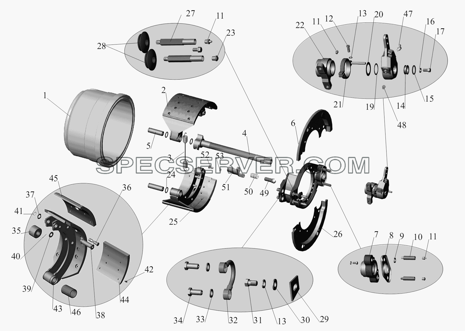 Тормозной механизм задних колес для МАЗ-6430A8 (5440A8, 5440A5) (список запасных частей)