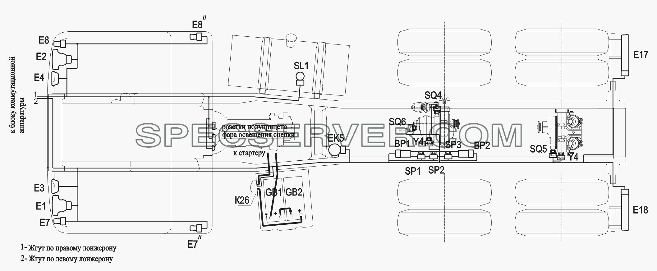 Расположение разъемов и элементов электрооборудования на шасси 6430A8 для МАЗ-6430A8 (5440A8, 5440A5) (список запасных частей)