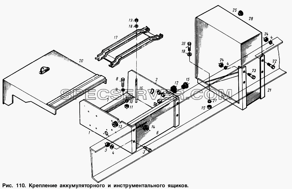 Крепление аккумуляторного и инструментального ящиков для МАЗ-54321 (список запасных частей)