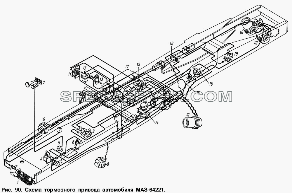 Схема тормозного привода автомобиля МАЗ-64221 для МАЗ-54321 (список запасных частей)