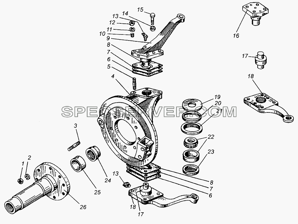 Цапфа поворотная и шкворневое устройство МАЗ-509А для МАЗ-504В (список запасных частей)