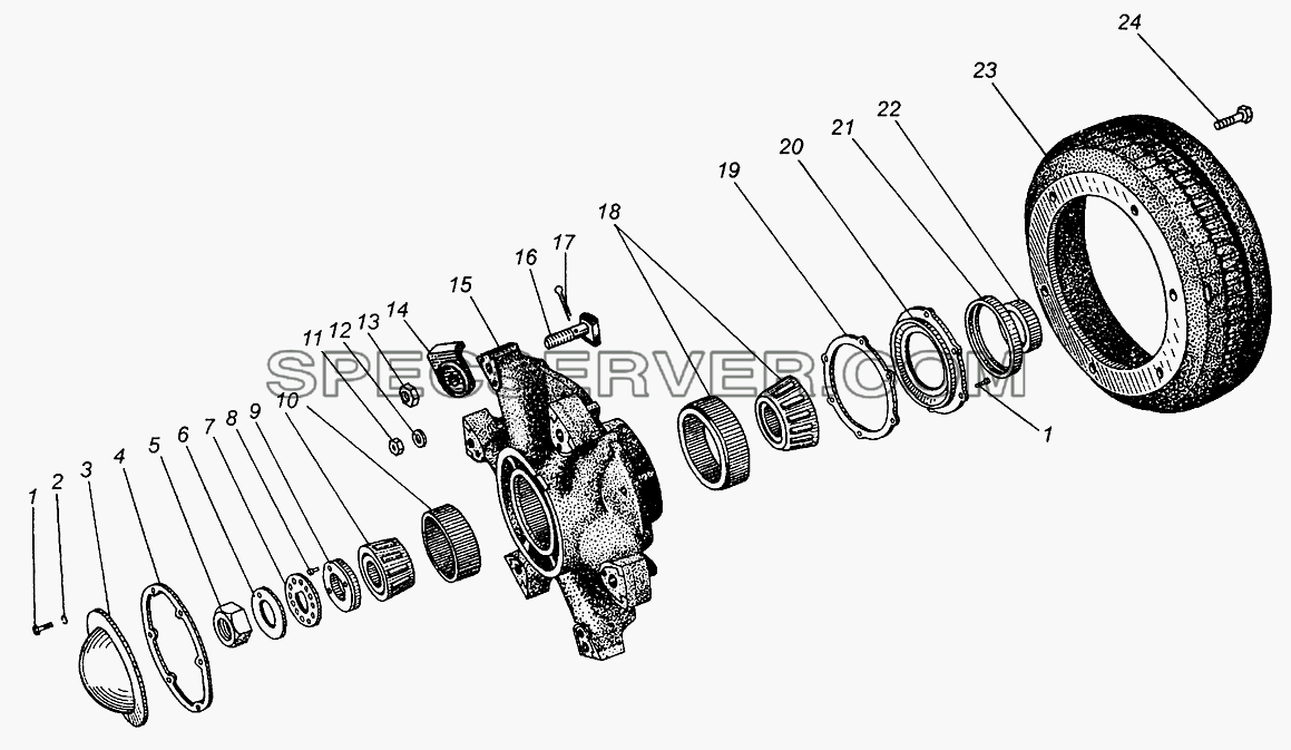 Ступица и тормозной барабан переднего колеса МАЗ-5335, МАЗ-5549, МАЗ-5429 для МАЗ-504В (список запасных частей)