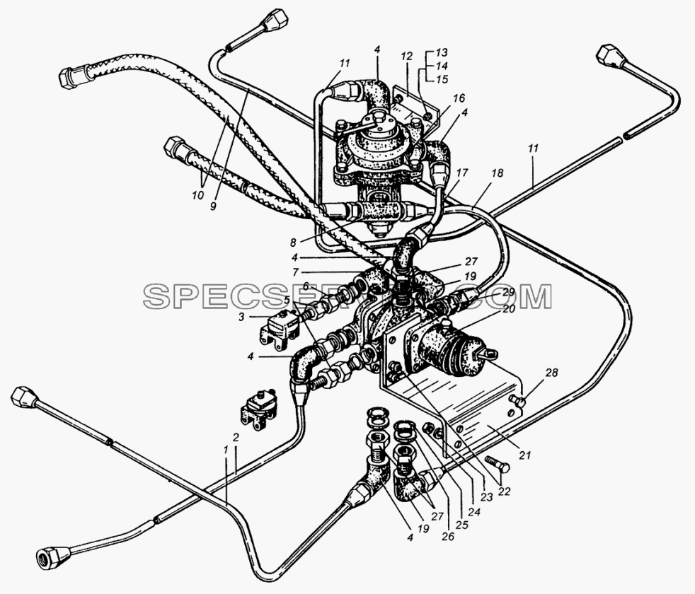 Трубопроводы к тормозным кранам МАЗ-509А для МАЗ-504В (список запасных частей)