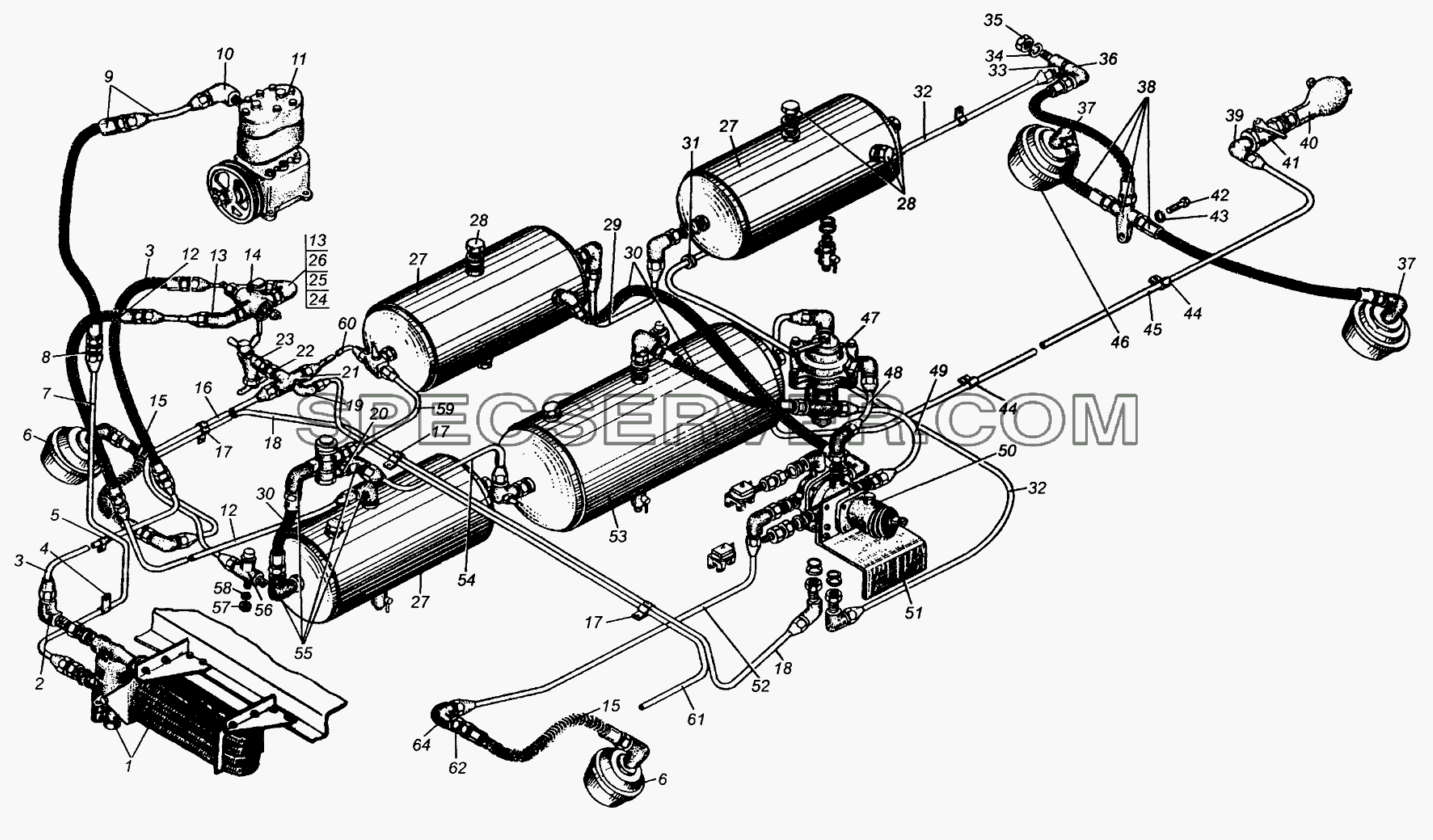 Привод пневматический тормозов МАЗ-509А для МАЗ-504В (список запасных частей)