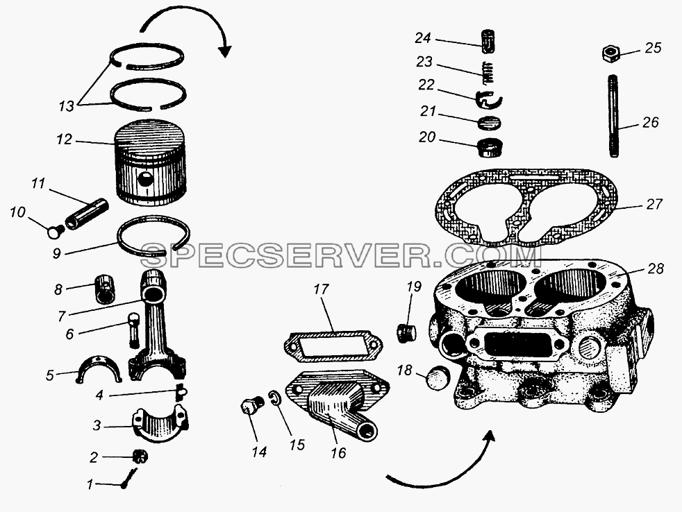 Блок цилиндров, поршни и шатуны компрессора для МАЗ-504В (список запасных частей)