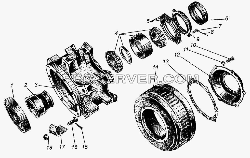 Ступица и тормозной барабан заднего колеса для МАЗ-504В (список запасных частей)