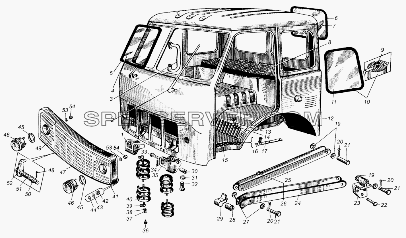 Каркас кабины и его крепление для МАЗ-504В (список запасных частей)