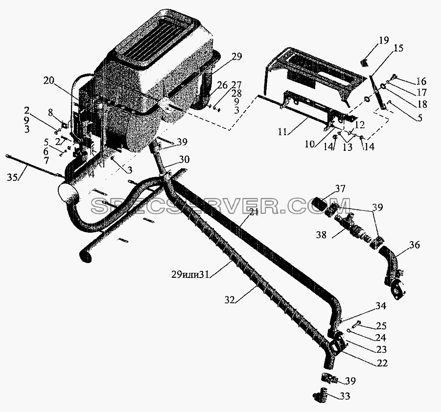 Установка шлангов и крана управления отопителем для МАЗ-5337 (2005) (список запасных частей)