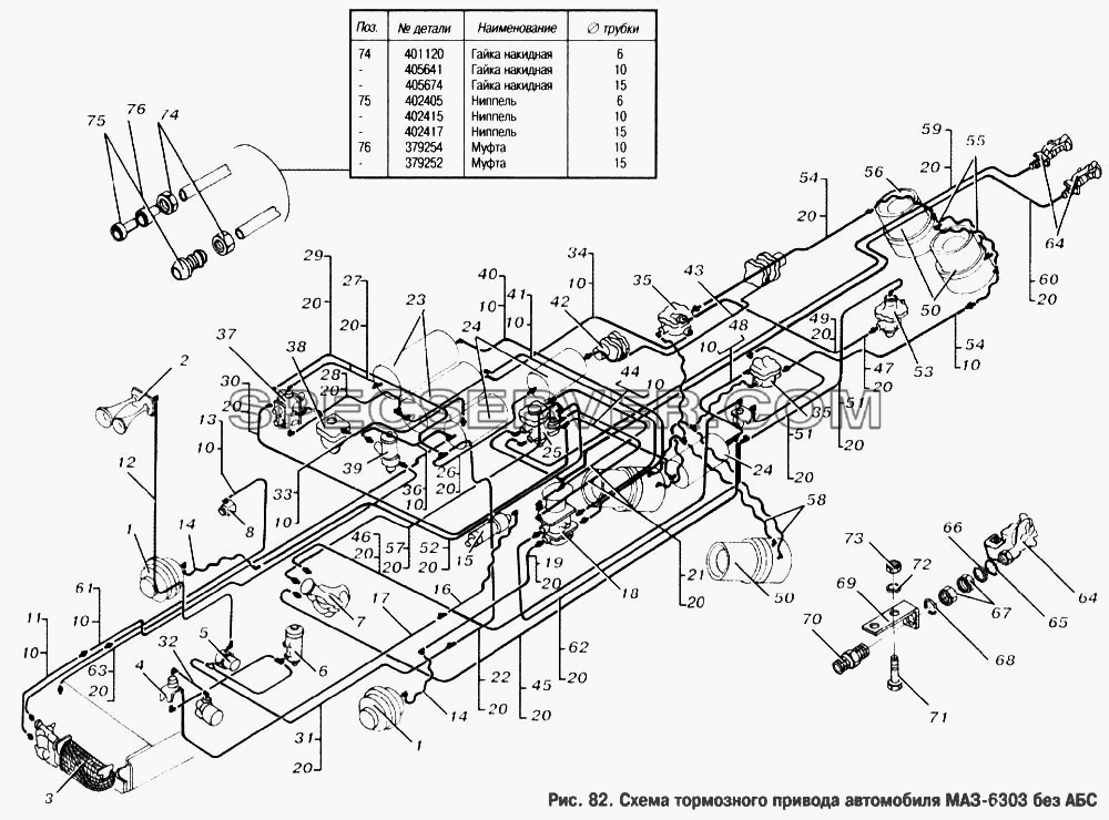 Схема тормозного привода автомобиля МАЗ-6303 без АБС для МАЗ-6303 (список запасных частей)