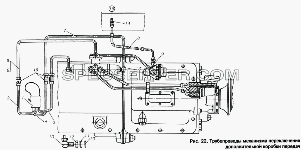 Трубопроводы механизма переключения дополнительной коробки передач для МАЗ-6303 (список запасных частей)