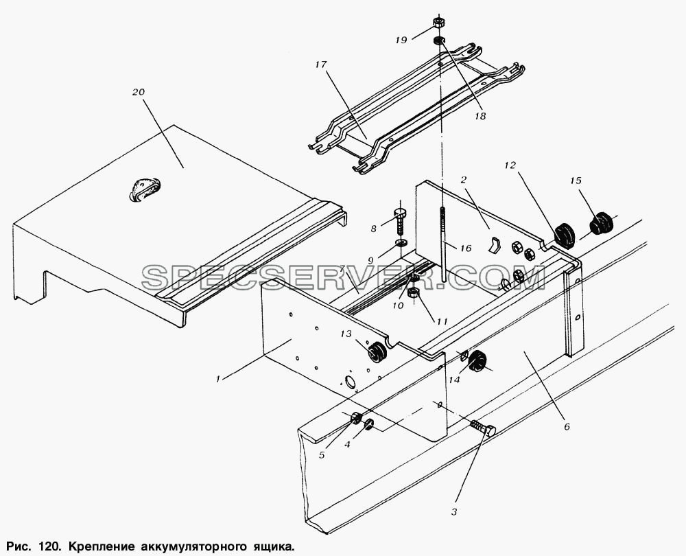 Крепление аккумуляторного ящика для МАЗ-6303 (список запасных частей)