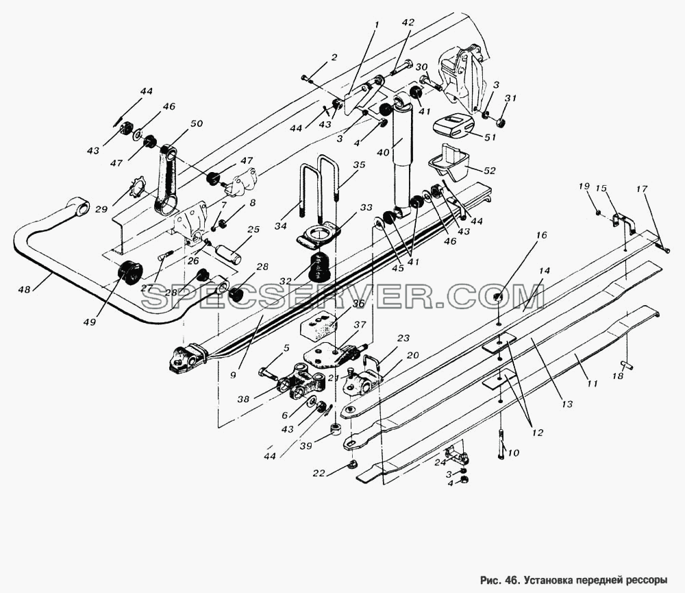 Установка передней рессоры для МАЗ-6303 (список запасных частей)