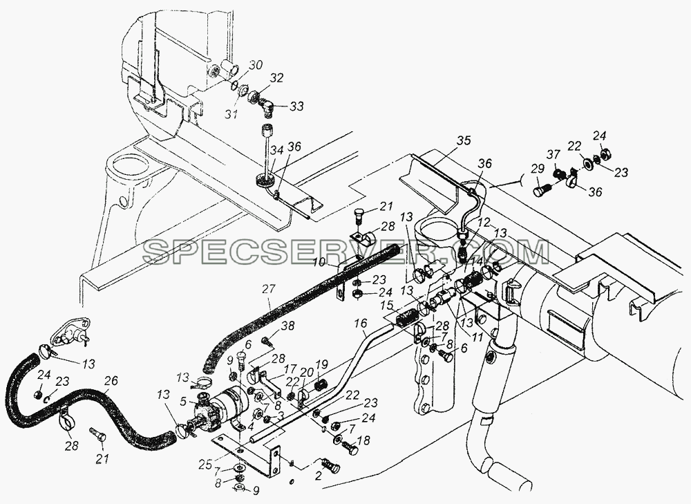 Установка трубопроводов подогревателя для МАЗ-64226 (список запасных частей)