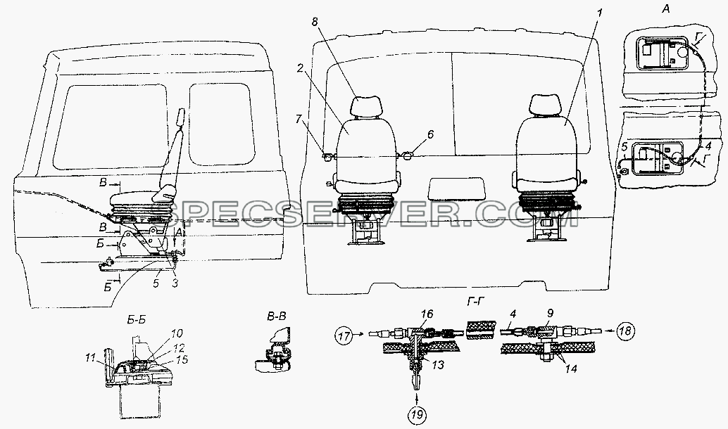Установка и пневмопитание сидений для МАЗ-64226 (список запасных частей)
