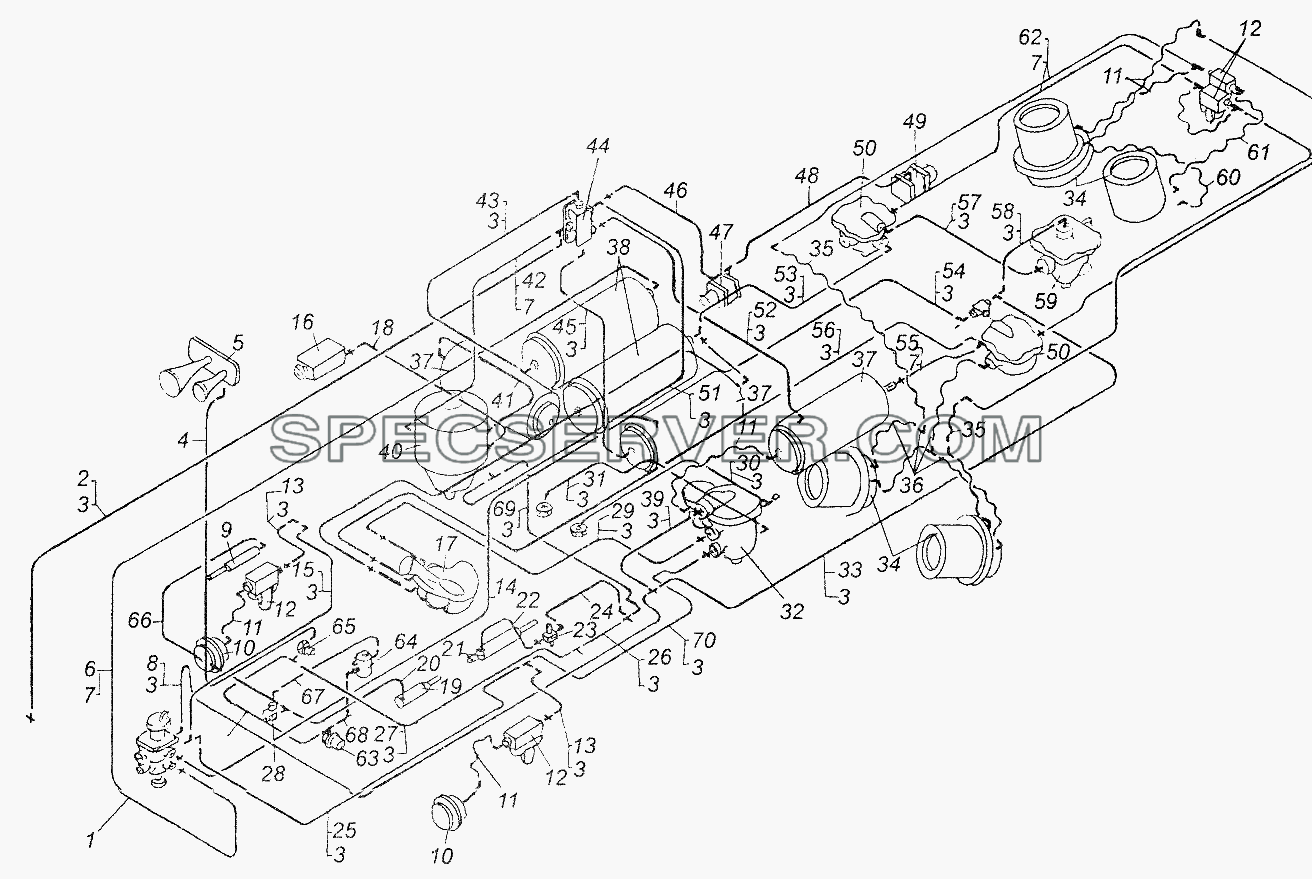 Схема тормозного привода автомобиля МАЗ-6422 для МАЗ-64226 (список запасных частей)